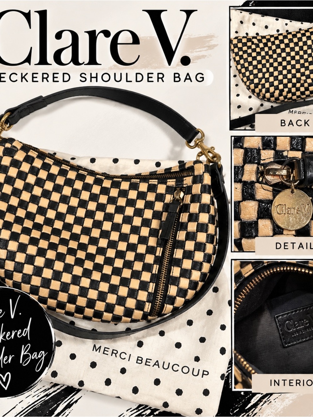 Clare V Black and Tan Woven Check Shoulder Bag